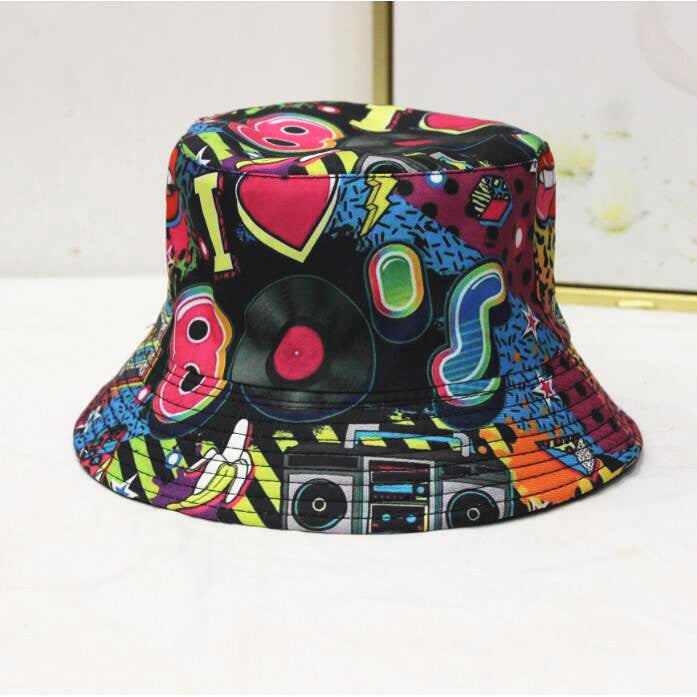 Wholesale geometric graffiti retro fisherman hat printed double-sided all-match basin hat outdoor sun hat