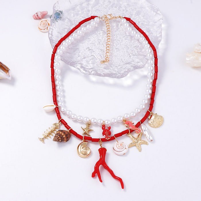 Wholesale Imitation Pearl Double Layer Stacked Wear Starfish Necklace