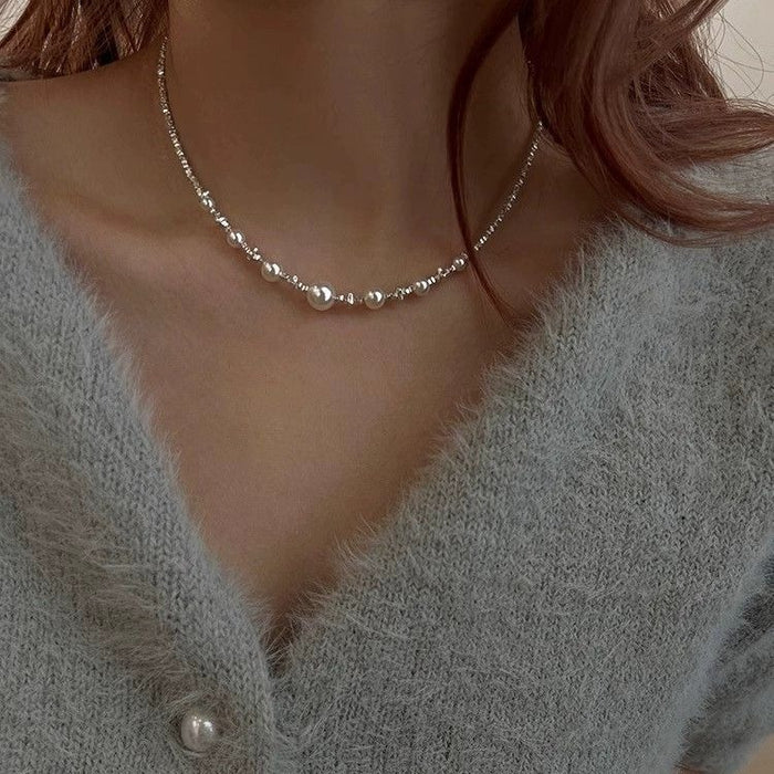 Wholesale Retro style pearl shattered silver necklace, light luxury, high-end feel, necklace temperament, versatile collarbone chain