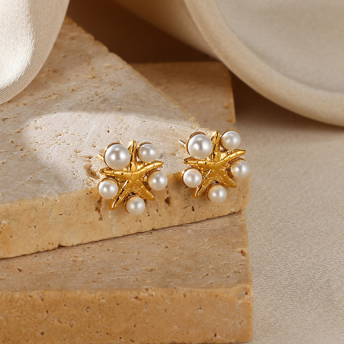 Wholesale Mini Cute Stainless Steel Pearl Starfish Earrings Retro Exquisite Earrings