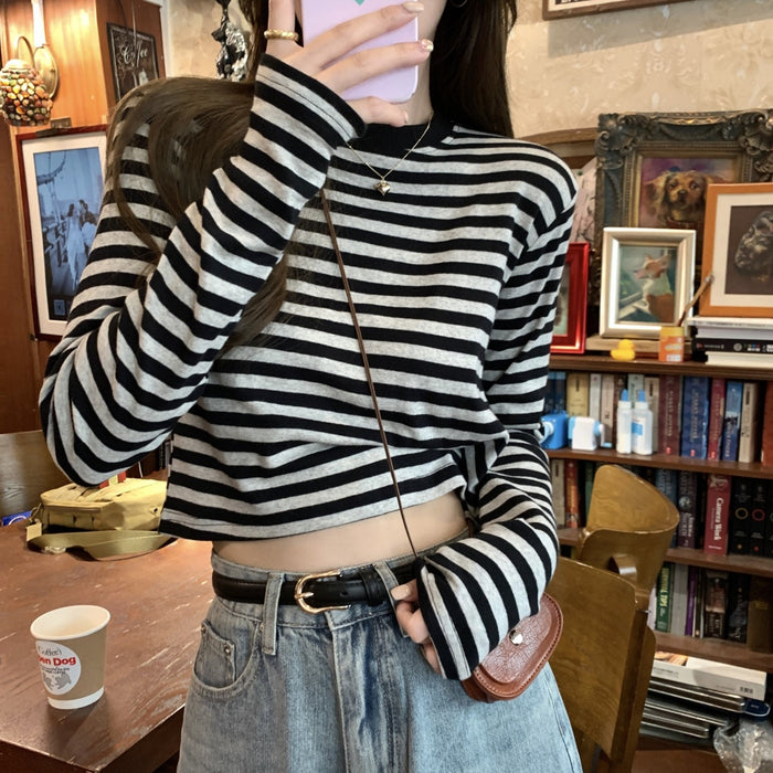 Wholesale Contrast color striped long-sleeved T-shirt women's casual slimming bottoming shirt short top
