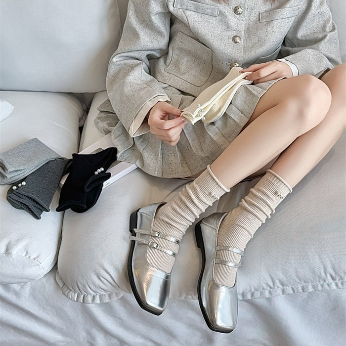 Wholesale Socks Double Needle Solid Color Curled Edge Stacked Socks Middle Tube Socks