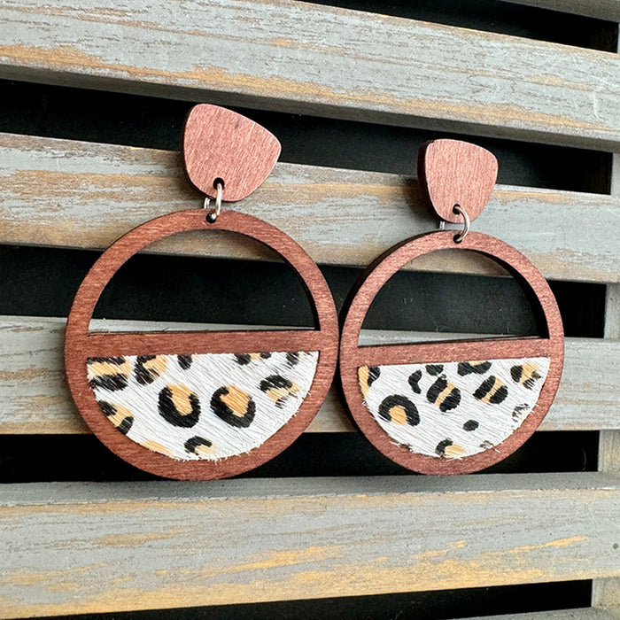 Wholesale Western genuine leather earrings geometric ing hollow inlaid leopard print classic exaggerated earrings
