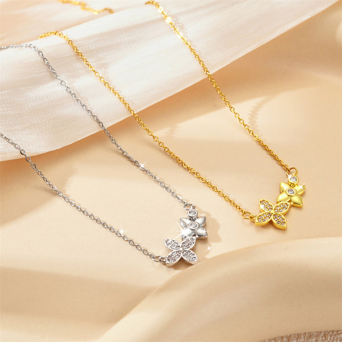 Wholesale New flower plated real gold inlaid diamond titanium steel necklace, niche, light luxury, exquisite fashion, versatile collarbone chain