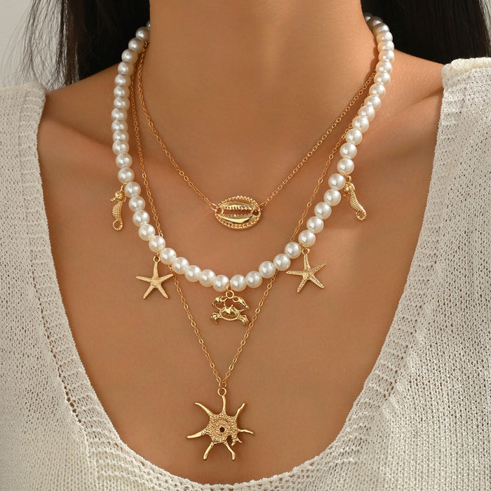 Wholesale Zinc Alloy Layered Necklace with nut Tree Starfish Flower Pendant