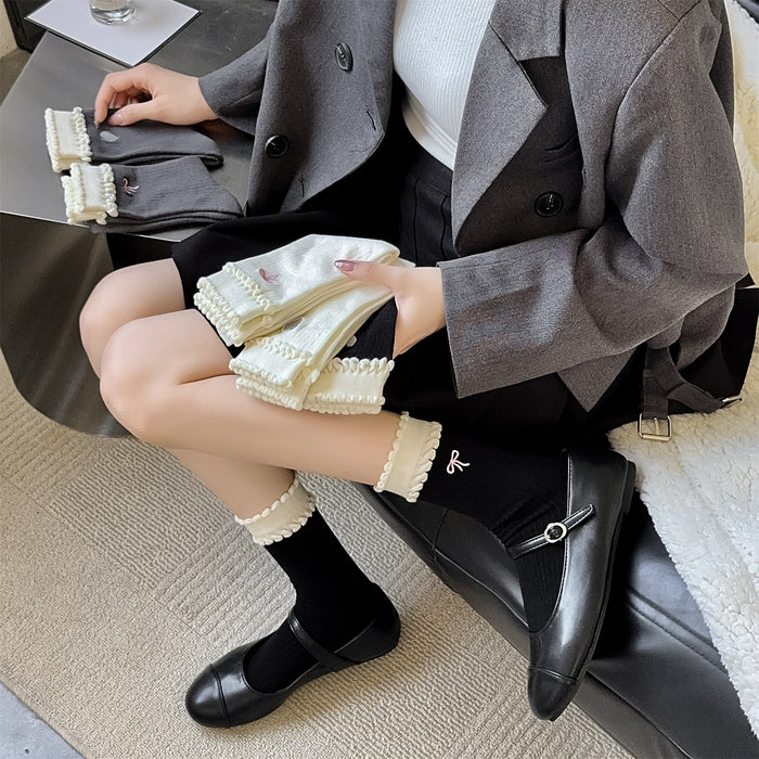 Wholesale New socks with children's embroidery, love heart, women's tube socks, versatile, college style, double-layer lace stacking socks