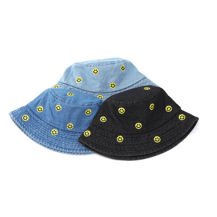 Wholesale Blue Fisherman Hat Embroidered Smiley Face Versatile Sun Protection Hat