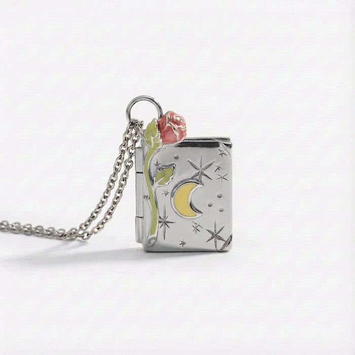 Wholesale Gold and Silver Star and Moon Three-Dimensional Rose Book Necklace Retro Openable Pendant Photo Box