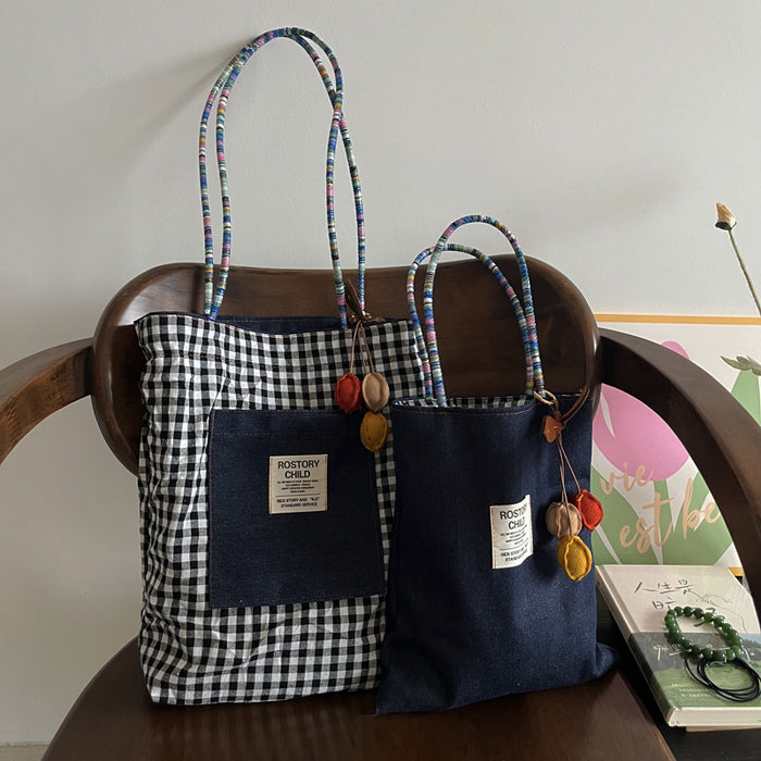 Wholesale Double-sided denim canvas bag, versatile retro contrasting handbag for commuting