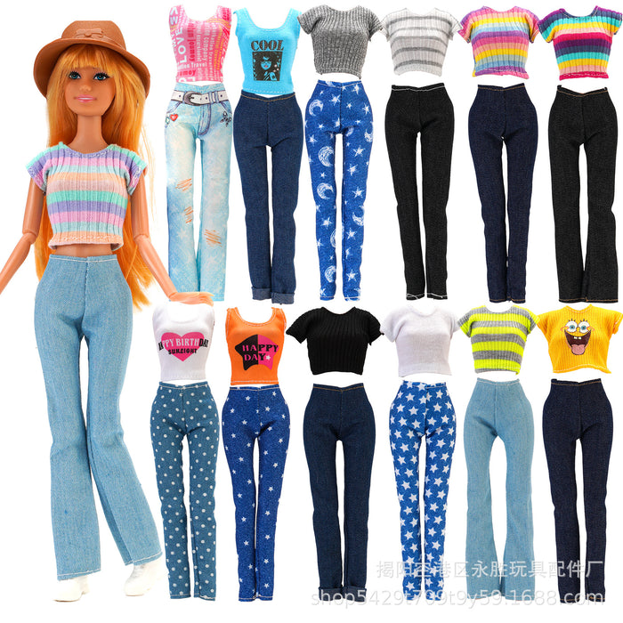 Wholesale doll versatile  travel variety of striped shirt jeans toy accessories