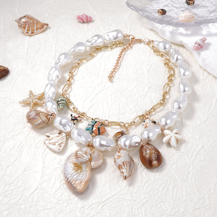 Wholesale Imitation pearl ceramic alloy conch shell double-layer stacked women's necklace