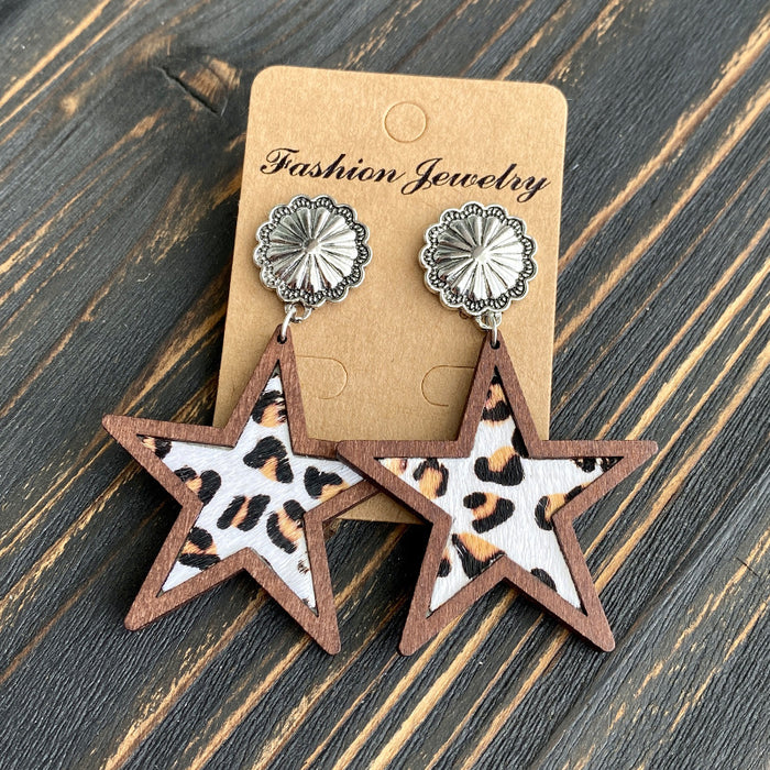Wholesale Western Denim five-pointed star Natural genuine leather earrings leopard print milk pattern inlaid earrings