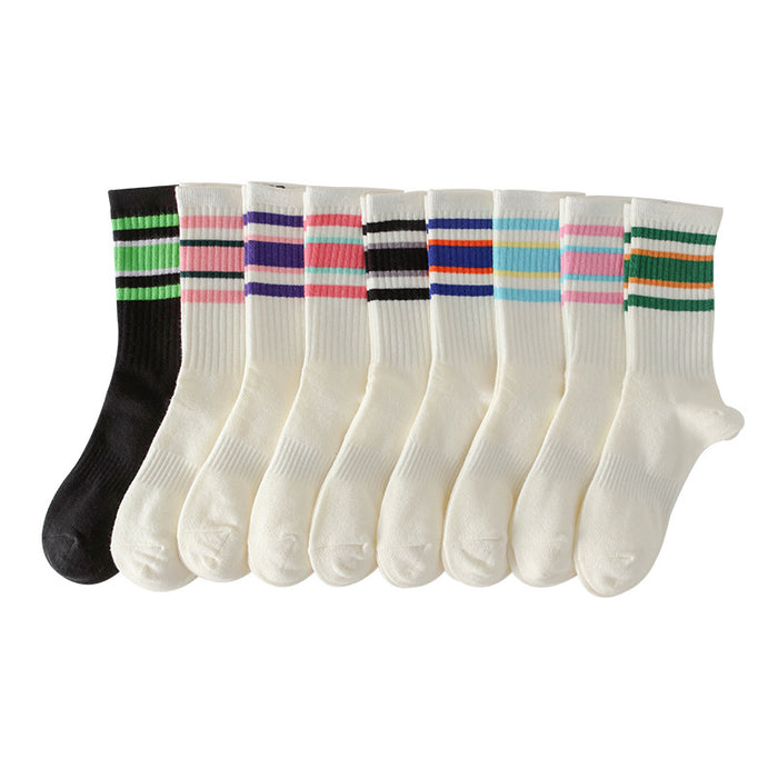 Wholesale Women's mid tube cotton socks, women's long socks with simple stripes, comfortable and breathable mid tube socks