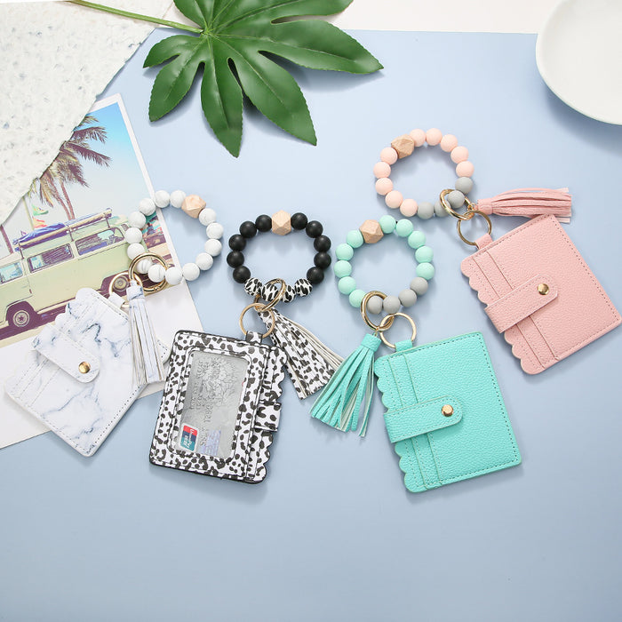 Wholesale Silicone Beads Bracelet Card Holder Leopard Print PU Leather Tassel Pendant Keychain JDC-KC-JinY010