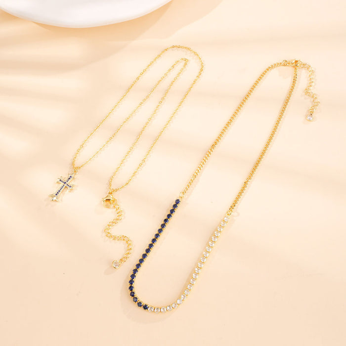 Wholesale Double color fashion versatile double cross pendant necklace exquisite diamond cross pendant chain