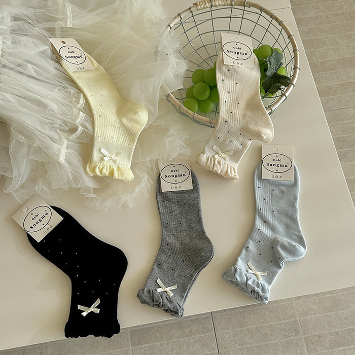 Wholesale Bow tie socks with polka dots, low cut, mid length socks