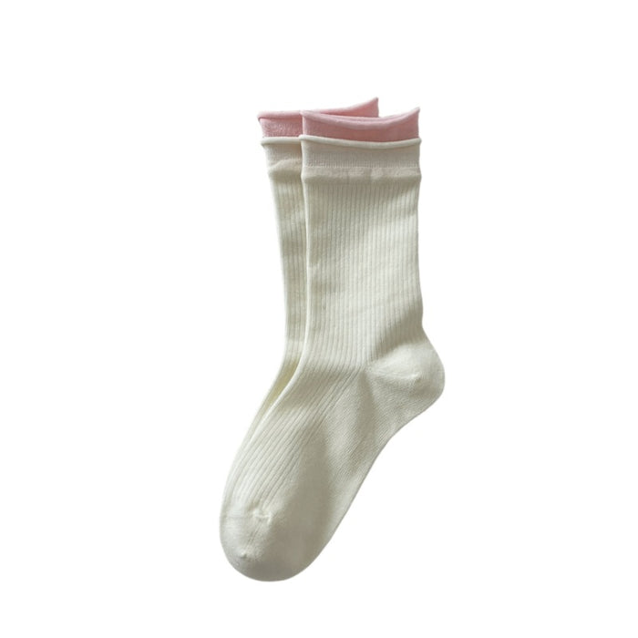 Wholesale Color blocking double-layer ribbed rolled edge boneless midsole socks with versatile vertical stripes for slimming and stacking socks