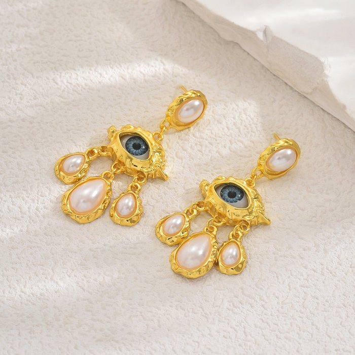 Wholesale Exaggerated personality, Devil's Eye earrings, light luxury, high-end feel, retro niche, pearl droplet earrings