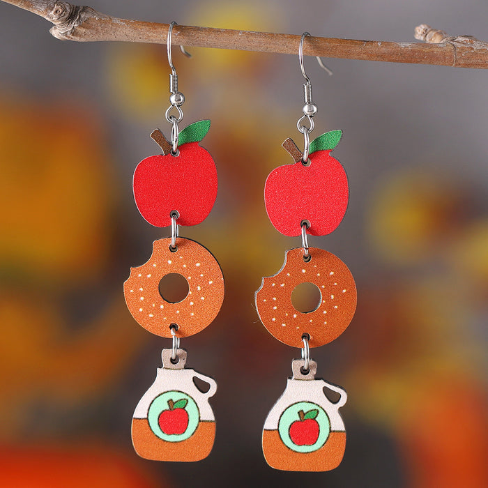 Wholesale Cute food apple donut hamburger hot dog triple pendant earrings double-sided wooden earrings
