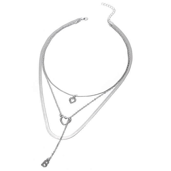Wholesale New jewelry niche diamond studded letter pendant silver heart three-layer necklace set for women