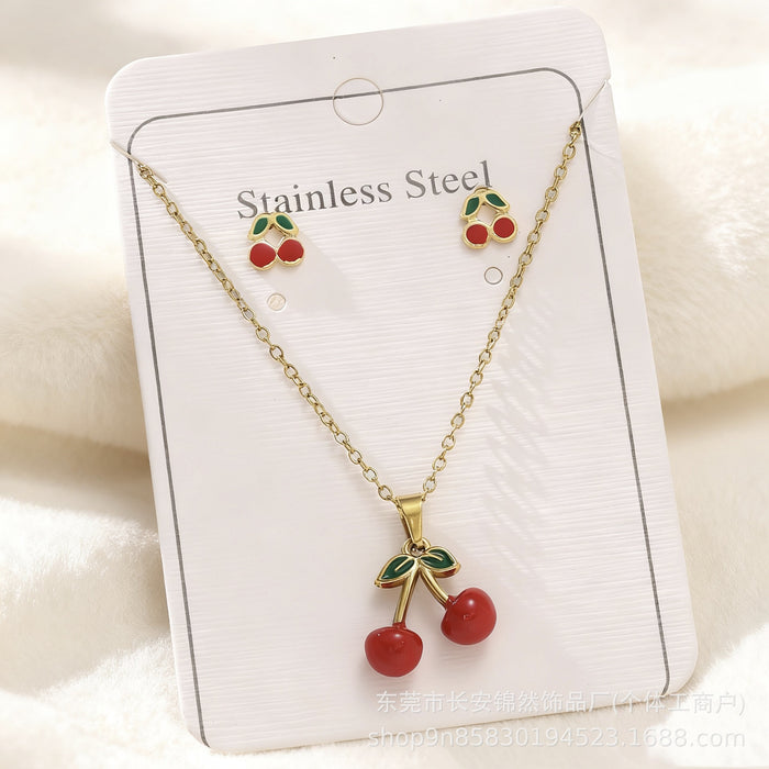 Wholesale 18K Gold Cherry Stainless Steel Earring and Necklace Set