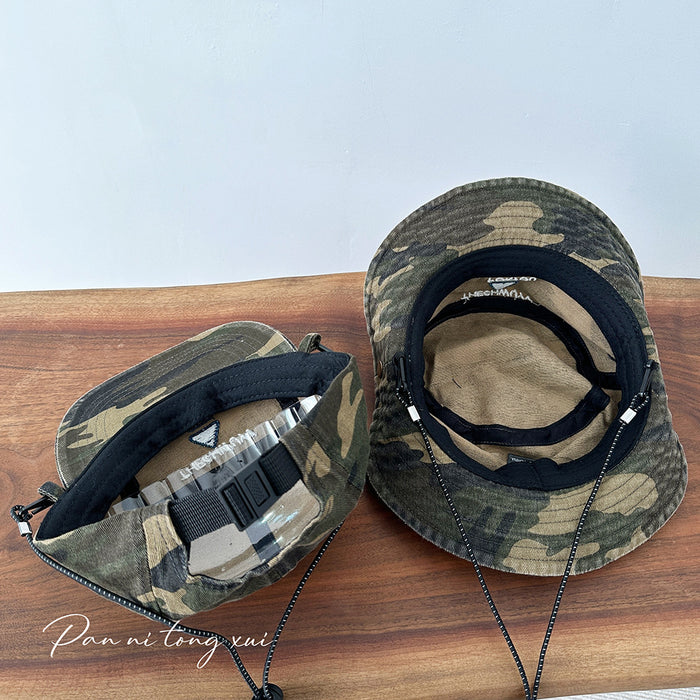 Wholesale Mountaineering fisherman hat, washed drawstring camouflage flat brimmed baseball hat, outdoor children's sunshade hat