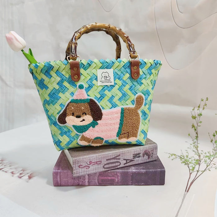 Wholesale Woven Basket Bag Shoulder Hand Bag Cute Rattan Cloth Cartoon Woven Bag
