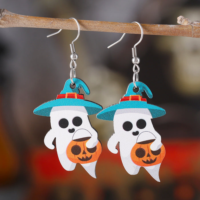 Wholesale  Pumpkin Black Cat Ghost Pendant Earrings Wooden Gothic Double-sided Ear Jewelry