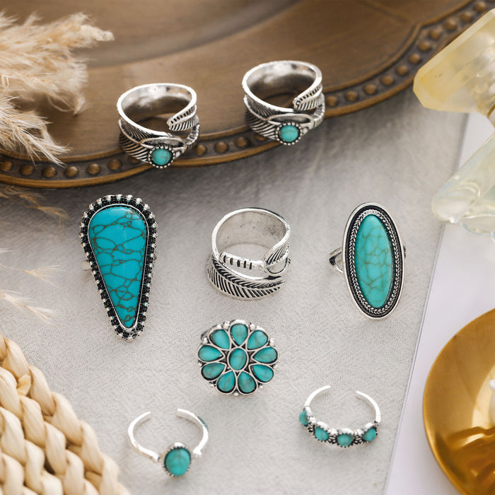 Wholesale New personalized combination hand jewelry retro feather turquoise opening 8-piece set ring