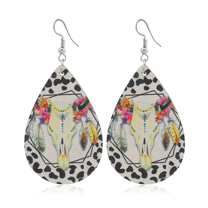 Wholesale Bull head sunflower water drop female model printing personality all-match long earrings trendy street shot wooden