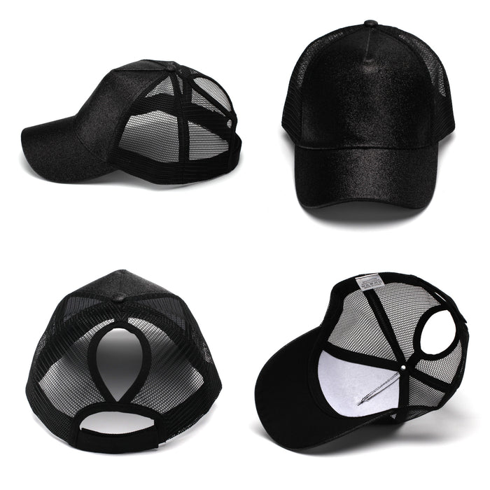 Wholesale Trendy Sequined Dacron Baseball Cap with Ponytail Hole - Breathable Mesh Sun Hat for Summer Outdoor Use