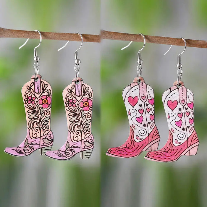 Wholesale Western style pink heart flower leaf double-sided pattern cowboy boots wooden earrings fashion gift