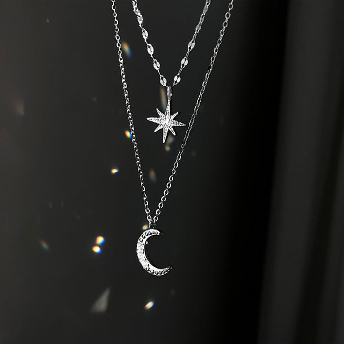 Wholesale Silver sparkling diamond starry moon double layered necklace, niche collarbone chain design, light luxury necklace