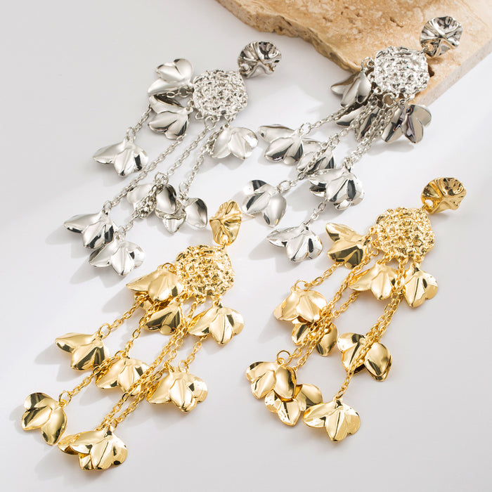 Wholesale Alloy Gold Petal Long Tassel Earrings Trendy Fashion Accessory