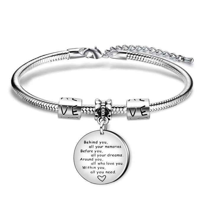 Wholesale Stainless steel chain bracelet with hollowed out heart-shaped circular hanging tag, engraved pendant, diamond inlaid butterfly pendant, stainless steel bracelet