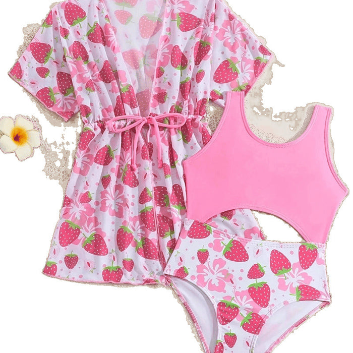 Wholesale Girls' and children's swimsuit one-piece gauze skirt two-piece set pink berry print pink tender princess vacation swimsuit