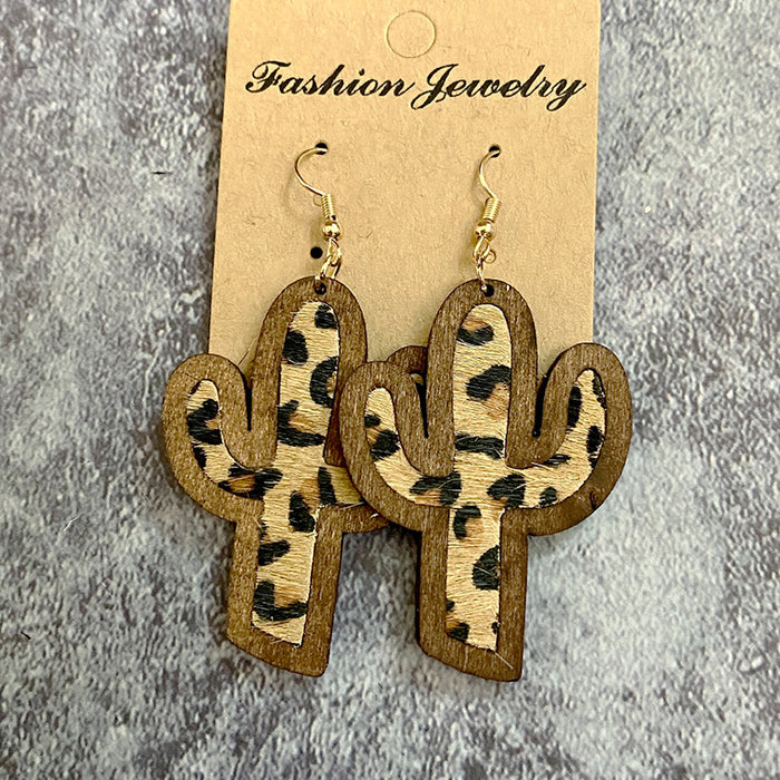 Wholesale Wood earrings dairy cow print leopard print leather horse hair inlaid cactus earrings