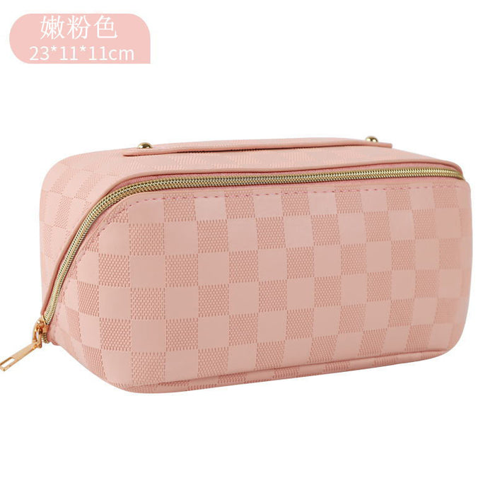 Wholesale PU Leather Makeup Bag Checkered Pillow Bag Large Capacity Toilet Bag Multi functional Waterproof Storage Bag