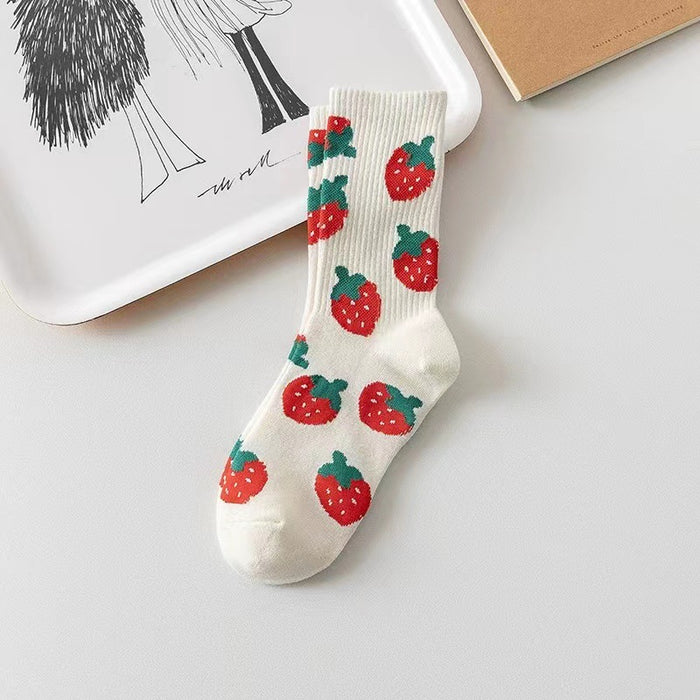 Wholesale Pink letter love strawberry socks, children's fashionable and versatile cute long socks, mid tube socks