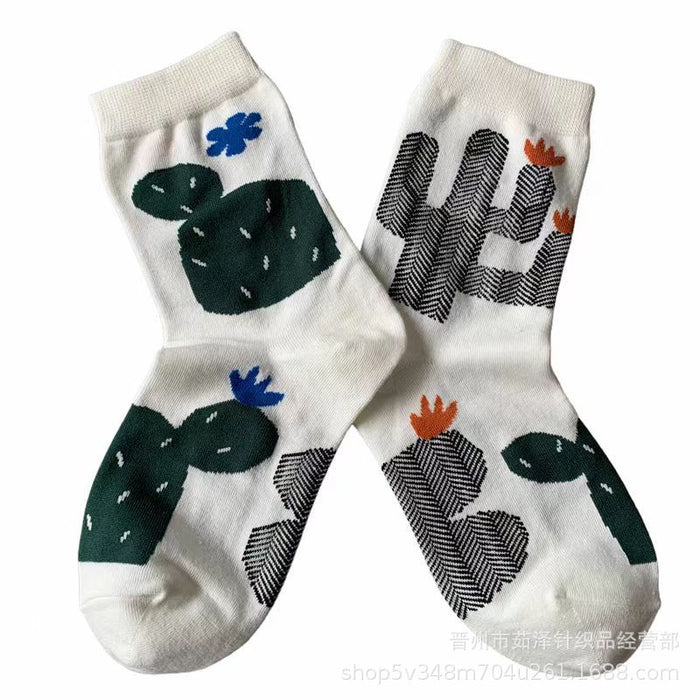 Wholesale Cotton socks, cat flower cactus trendy socks, women's socks, mid tube socks
