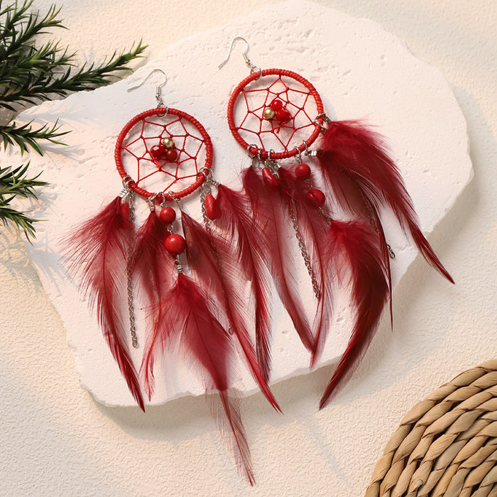 Wholesale Feather Bohemian Dreamcatcher Tassel Earrings Handcrafted Fashion Accessory