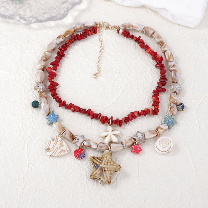 Wholesale Double-layer Stacked Turquoise Ceramic Starfish Fish Pendant Women's Necklace