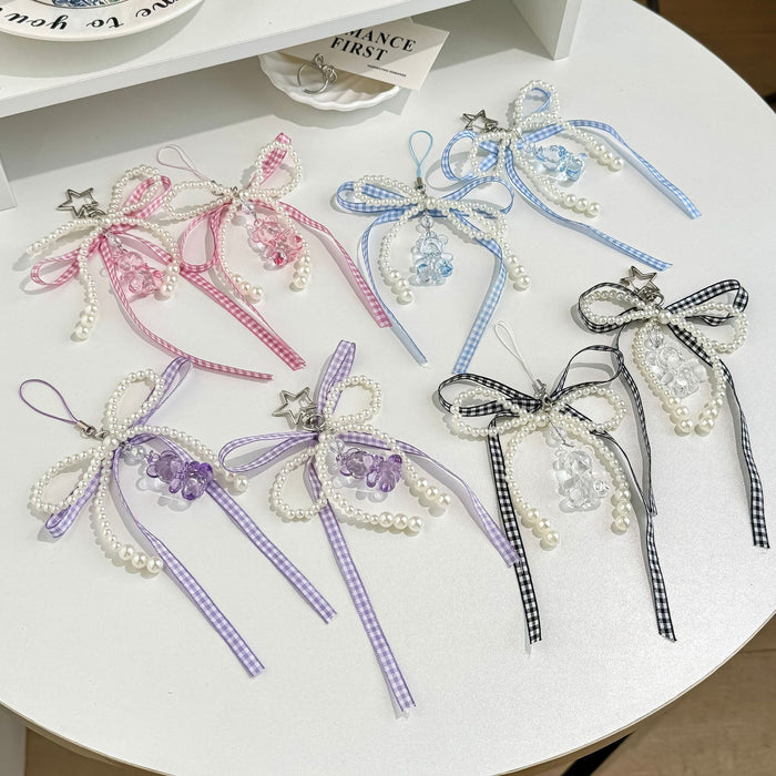 Wholesale Ribbon Bow Mobile Phone Chain Cute Bear Bag Hanging Jewelry Beaded Keychain