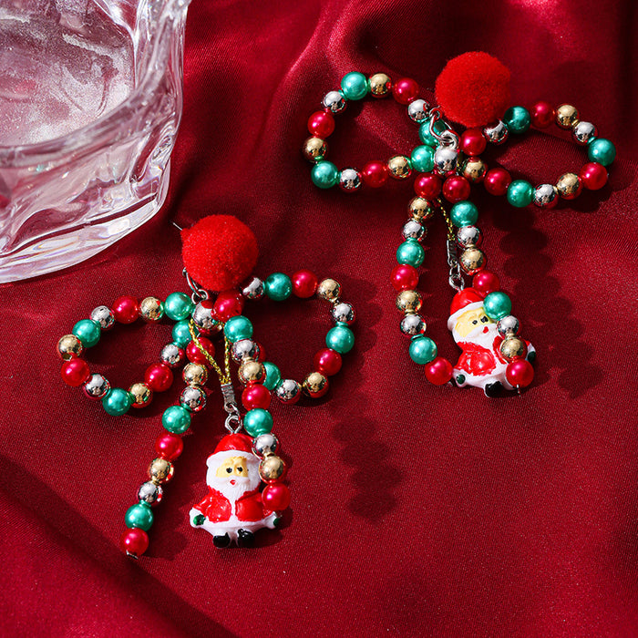 Wholesale Color Beaded Bow Hair Ball Earrings Creative Santa Pendant Christmas Earrings