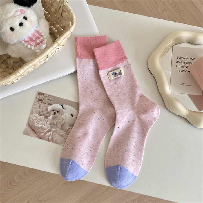 Wholesale Gray cloth label color blocked puppy mid tube socks cartoon pile socks