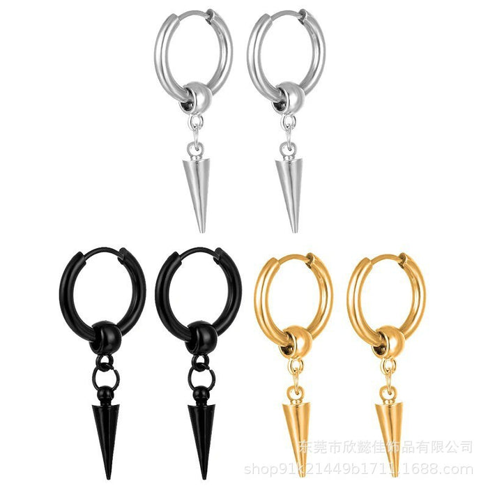 Wholesale Embroidered steel hollow ball hanging pointed cone black steel earrings