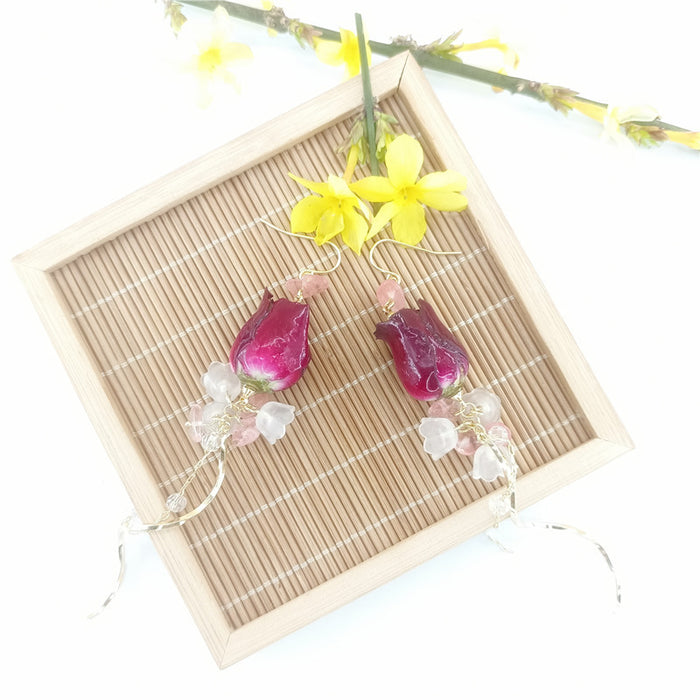 Wholesale New Eternal Flower Rose Earrings Vintage Super Fairy Long Versatile True Flower Earrings Eardrops Earclips