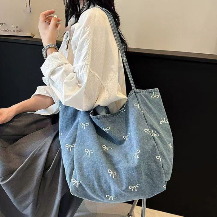 Wholesale Denim Canvas Bag Women' s Bow Sweet All-match Tote Bag Large Capacity Casual Shoulder Bag