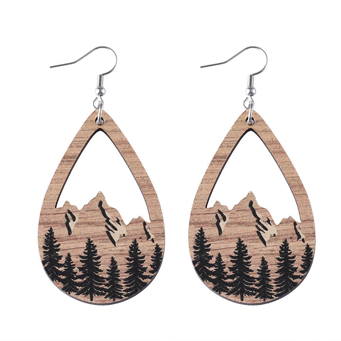 Wholesale Western style mountain pine wood water drop pendant earrings double-sided hollow ear jewelry party gift