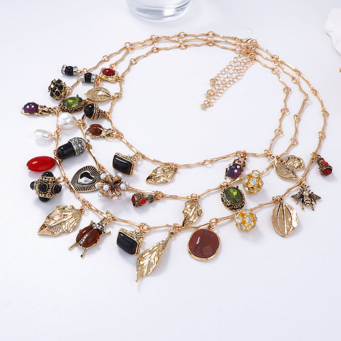 Wholesale Multi-layered Wear Design Retro Pendant Insect Leaf Love Geometry Necklace